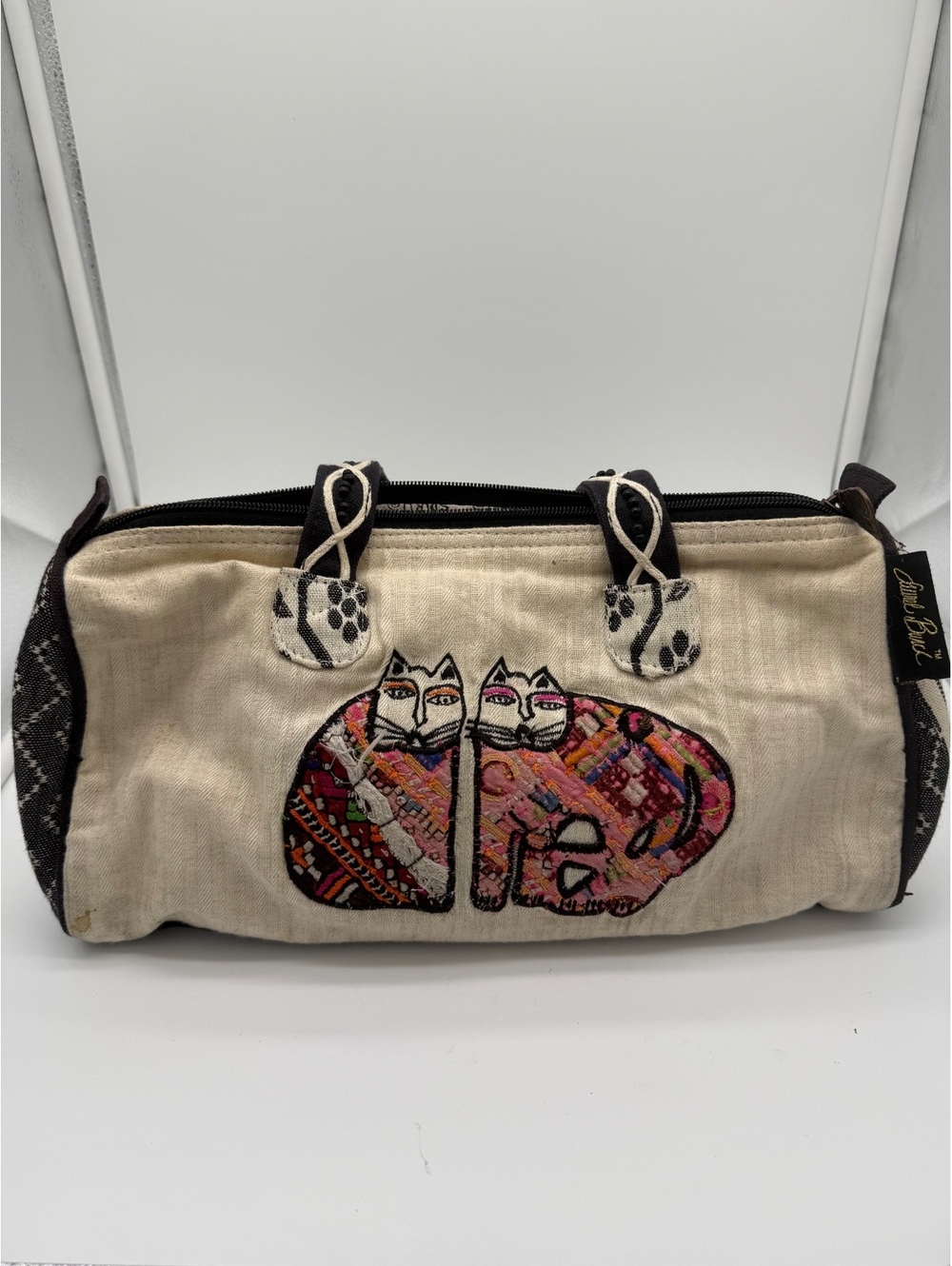 Vintage Laurel Burch Canvas Cat Bag Duffle Barrel Handbag Cream Black Dots Boho